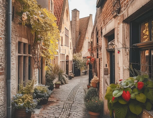 A quaint cobblestone street with lush potted plants and flowers, enhancing the beauty of the urban landscape.