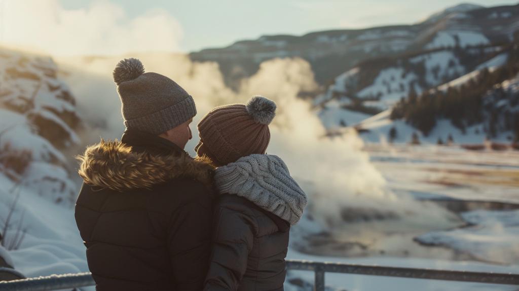 A couple admiring the snowy Mammoth Hot Springs in Yellowstone during winter.