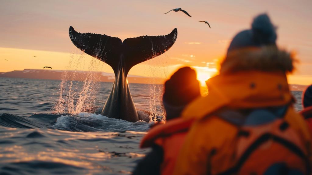 Friends whale watching in Husavik, Iceland, thrilled under the midnight sun.