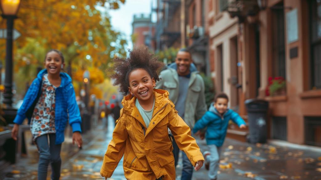 A family exploring Old City, Philadelphia, near historic landmarks like Independence Hall.