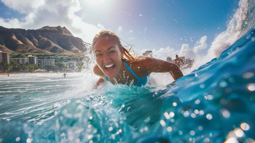 A surfer catching a wave with Diamond Head in the background at Waikiki Beach, Hawaii.