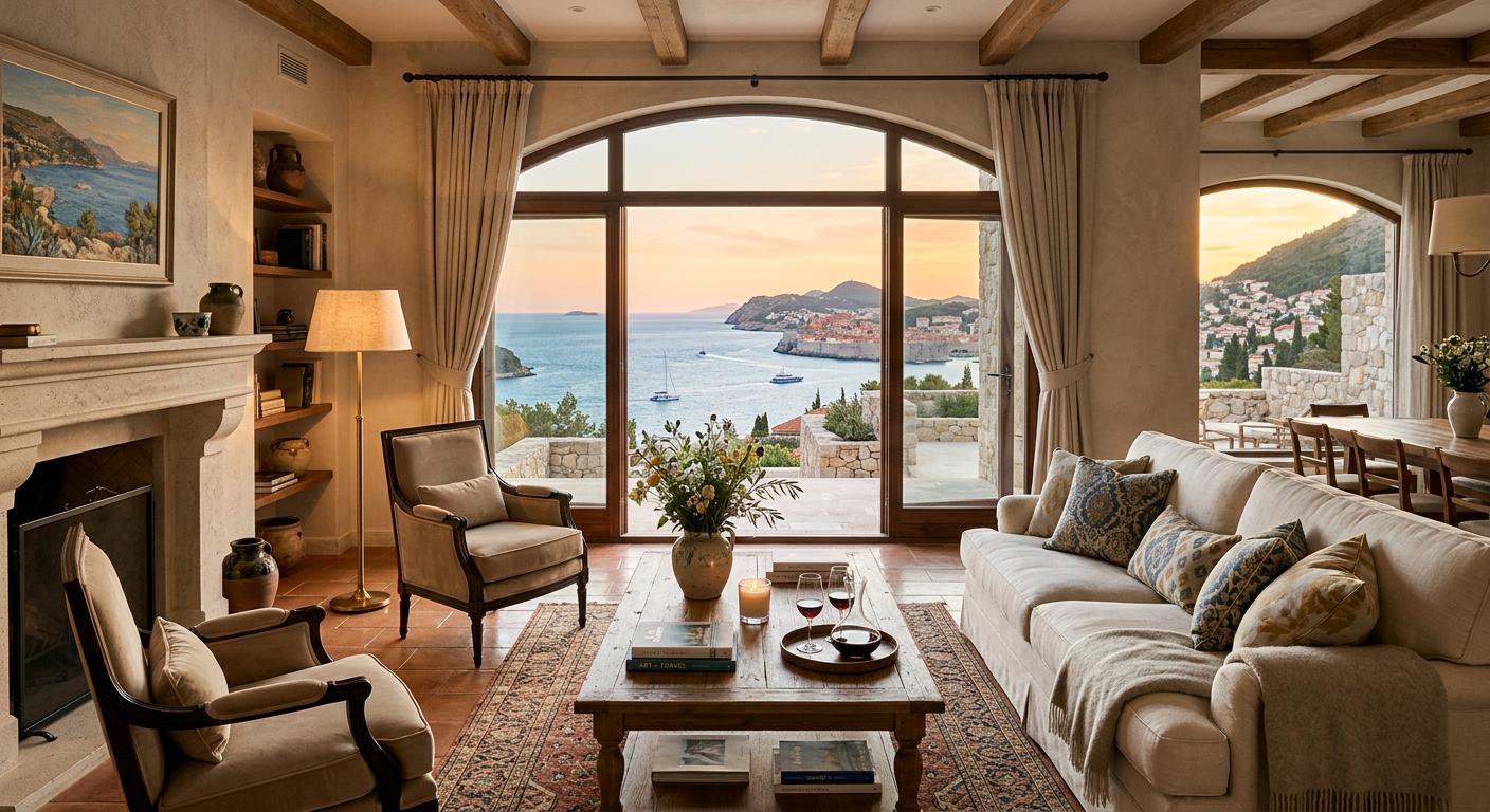 Elegant villa interior featuring soft lighting and a stunning view of the Adriatic, highlighting comfort and sophistication. Elegant villa interior featuring soft lighting and a stunning view of the Adriatic, highlighting comfort and sophistication.