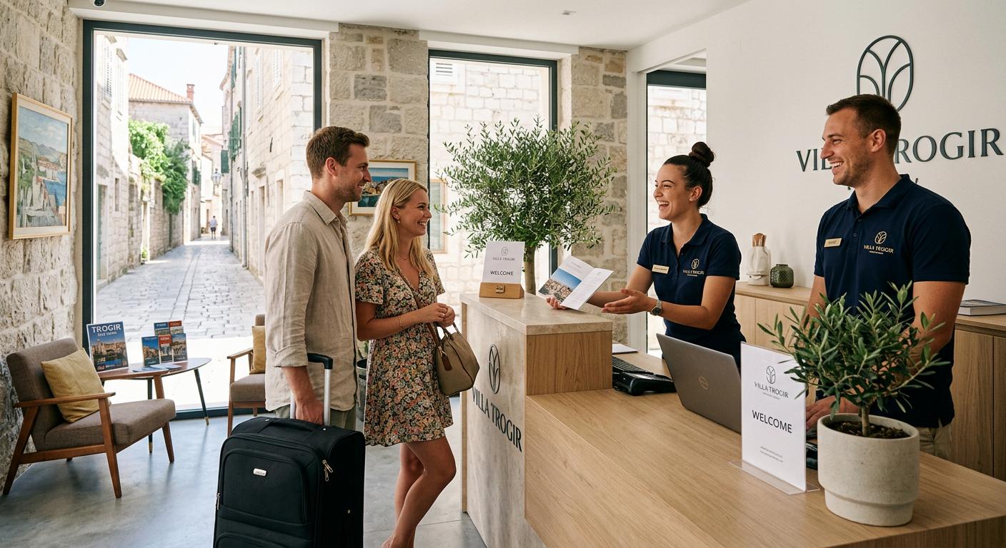 Friendly staff welcoming guests in a modern reception area with bright interiors, showcasing warm hospitality at a Trogir rental. Friendly staff welcoming guests in a modern reception area with bright interiors, showcasing warm hospitality at a Trogir rental.