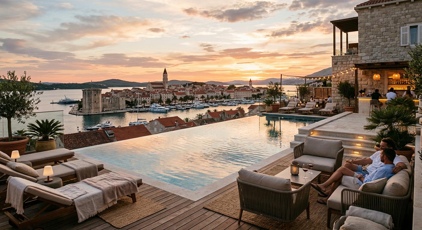 Infinity pool overlooking Trogir's landscape at sunset, with cozy lounge seating, emphasizing luxurious amenities and inviting ambiance. Infinity pool overlooking Trogir's landscape at sunset, with cozy lounge seating, emphasizing luxurious amenities and inviting ambiance.
