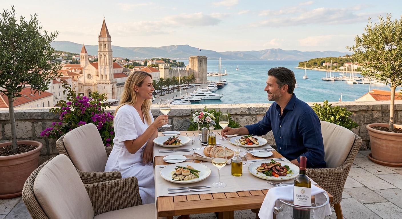 Outdoor dining in Trogir with gourmet dishes and a scenic Adriatic view, bathed in soft natural light, conveying an upscale dining experience. Outdoor dining in Trogir with gourmet dishes and a scenic Adriatic view, bathed in soft natural light, conveying an upscale dining experience.