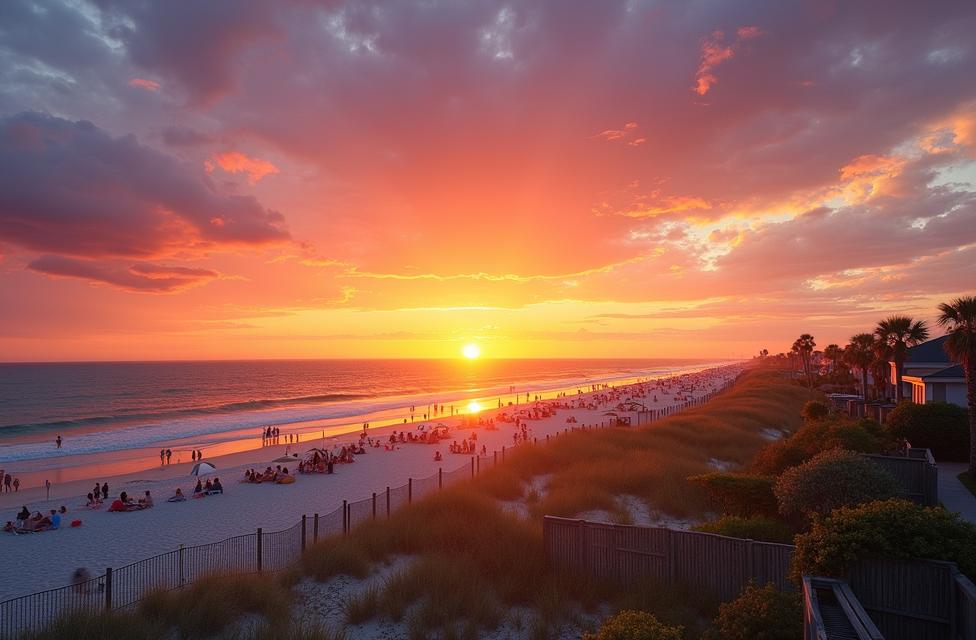 Summer sunset over Pawleys Island beach, highlighting luxurious beachfront activities and vibrant gatherings. Summer sunset over Pawleys Island beach, highlighting luxurious beachfront activities and vibrant gatherings.