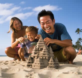 Family building a sandcastle on a sandy beach under a clear blue sky, enjoying a joyful moment. Family building a sandcastle on a sandy beach under a clear blue sky, enjoying a joyful moment.