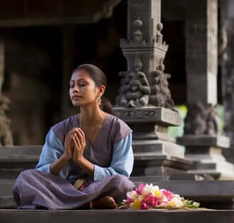 Woman meditating with flowers at a Balinese temple, embodying the serene atmosphere of Villa Kanaya luxury villas. Woman meditating with flowers at a Balinese temple, embodying the serene atmosphere of Villa Kanaya luxury villas.