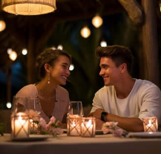 A couple enjoying a romantic dinner at night surrounded by candlelight in a luxurious setting, highlighting the Balinese charm at Villa Kanaya. A couple enjoying a romantic dinner at night surrounded by candlelight in a luxurious setting, highlighting the Balinese charm at Villa Kanaya.