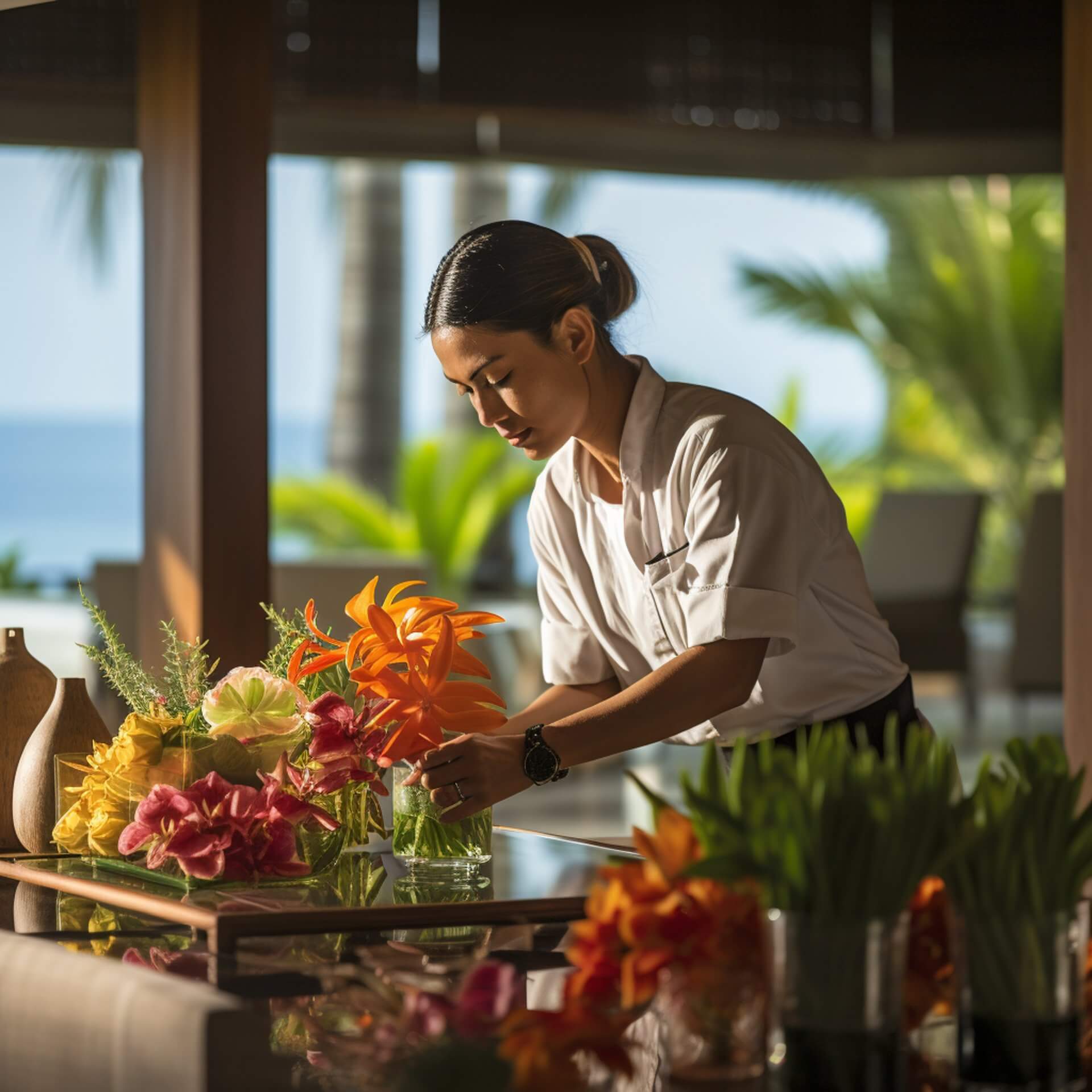 Person arranging vibrant floral arrangements with a tropical view at Villa Kanaya luxury villas in Bali, showcasing Balinese charm. Person arranging vibrant floral arrangements with a tropical view at Villa Kanaya luxury villas in Bali, showcasing Balinese charm.