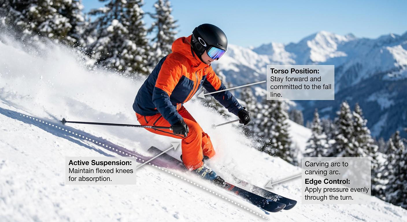 Dynamic winter sports photography illustrating expert skiing tips and techniques, crafted for instructional content with an engaging and professional aesthetic.