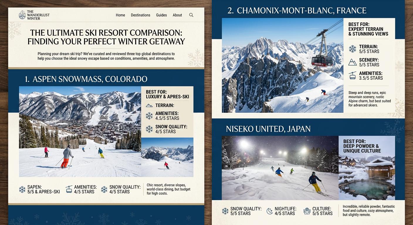 Travel planning photography for a ski destination guide, showcasing resorts for comparison and reviews, styled in a sophisticated winter travel blog format.