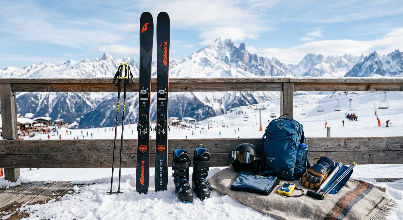 High-quality product photography showcasing ski equipment and winter gear, depicting essential elements for any ski adventure in a professional winter sports context.