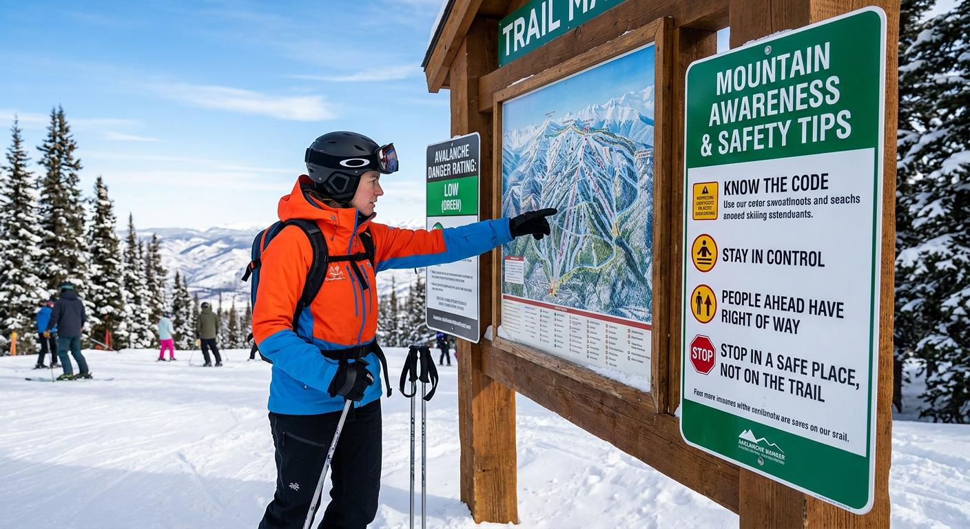Safety-focused photography for ski blogs featuring winter safety education and mountain awareness tips, illustrated through responsible skiing imagery for awareness.
