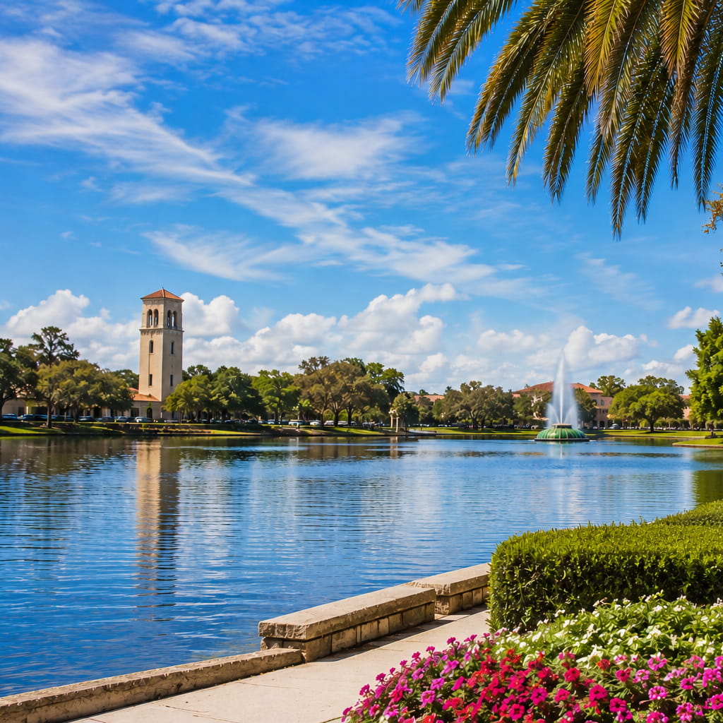 A serene lake surrounded by palm trees, featuring a decorative fountain in the foreground. A serene lake surrounded by palm trees, featuring a decorative fountain in the foreground.