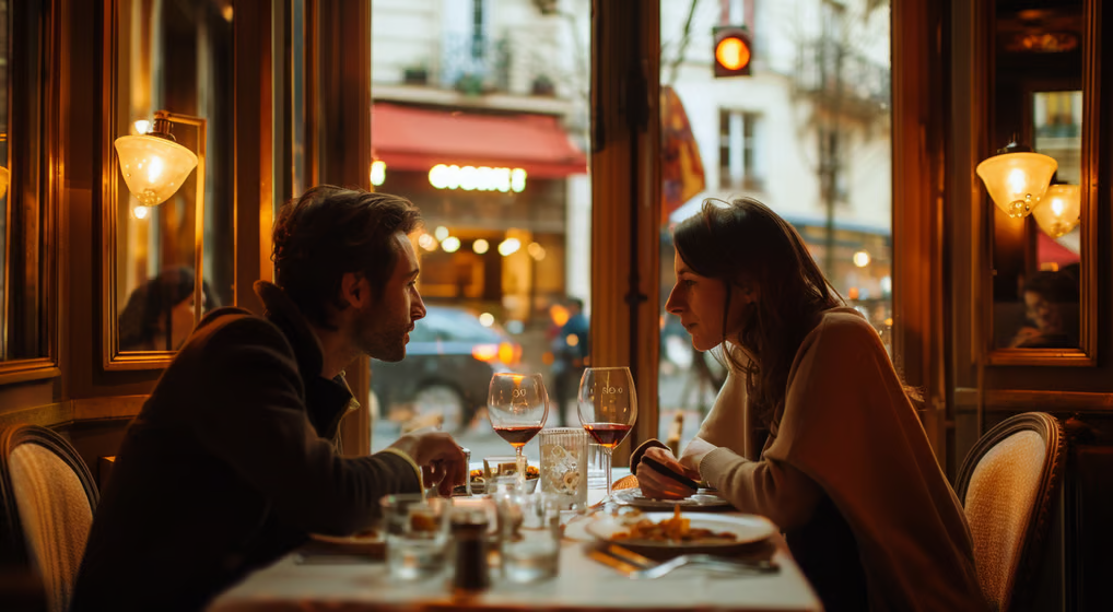 a couple enjoying a fine dining evening at a Parisian restaurant. a couple enjoying a fine dining evening at a Parisian restaurant.