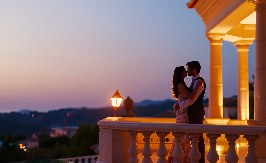 a couple in an embrace while on a luxurious balcony of a rented villa at dusk. 