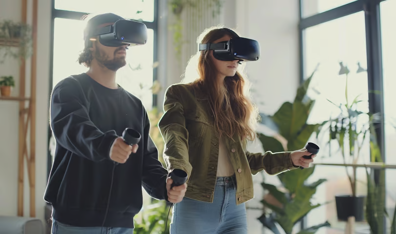 a couple wearing Oculus quest headsets while on a spacious studio playing.. a couple wearing Oculus quest headsets while on a spacious studio playing..
