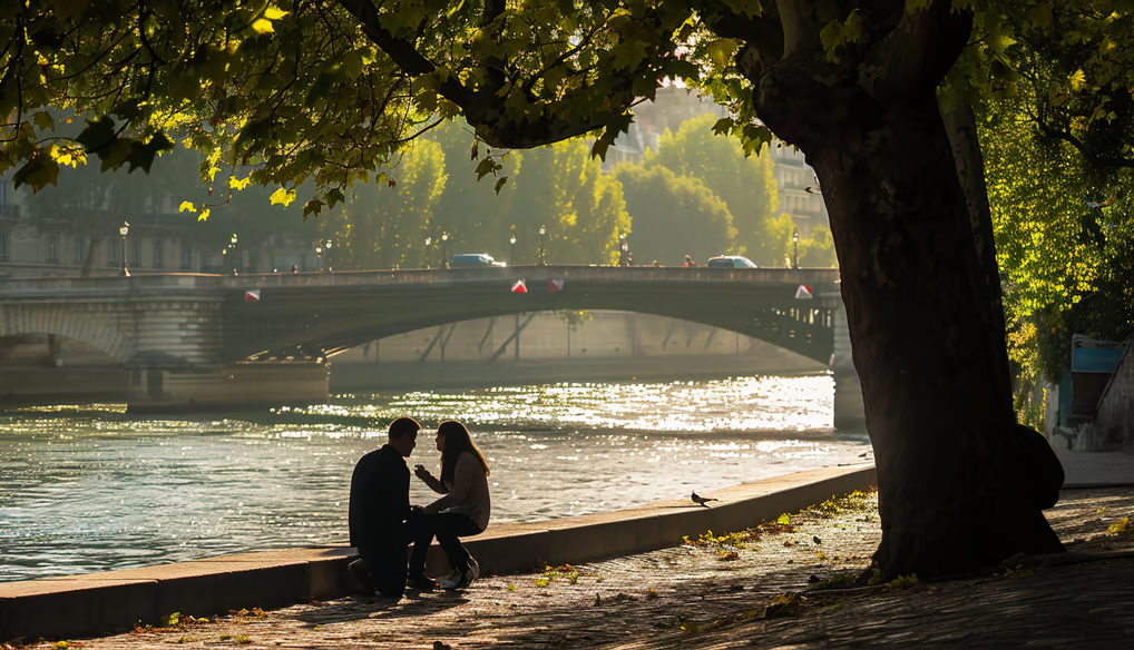 a man on his knees proposing to his fiancee against the Seine river. a man on his knees proposing to his fiancee against the Seine river.