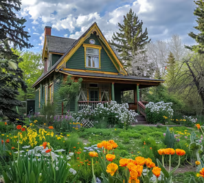 A quaint cottage in Alberta, Canada during springtime.