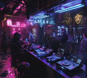 A drone shot of a rooftop party overlooking the city streets of Bangkok, Thailand at night.