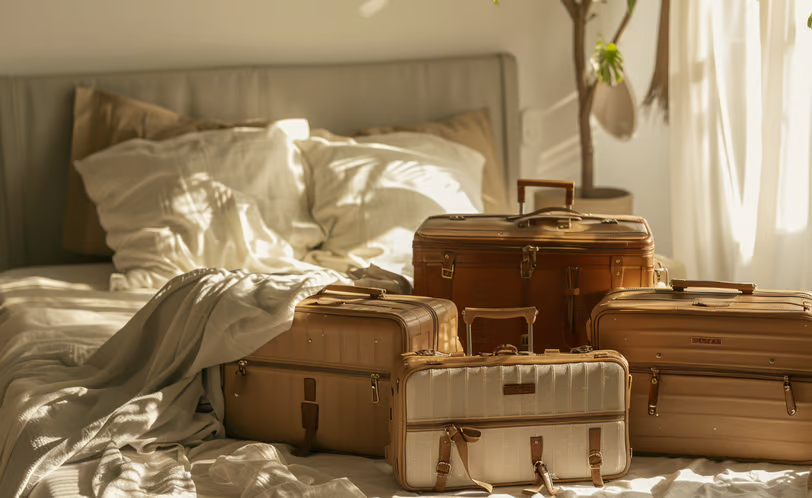 holiday luggages on a bed with clothe sprawled on top..