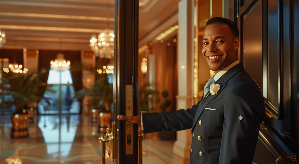 A hotel staff greeting guests to a uxurious hotel lobby.