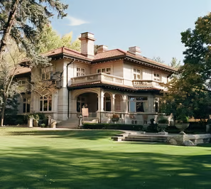 an establishing shot of a large villa with a 'for rent' sign on the lawn.