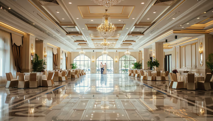 Spacious and elegant ballroom setup at a luxury resort.