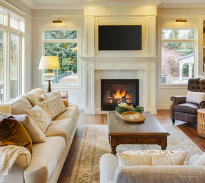 the establihing shot of a well-appointed home rental living room. 