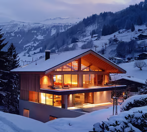 the establishing shot of a ski chalet in Switzerland.